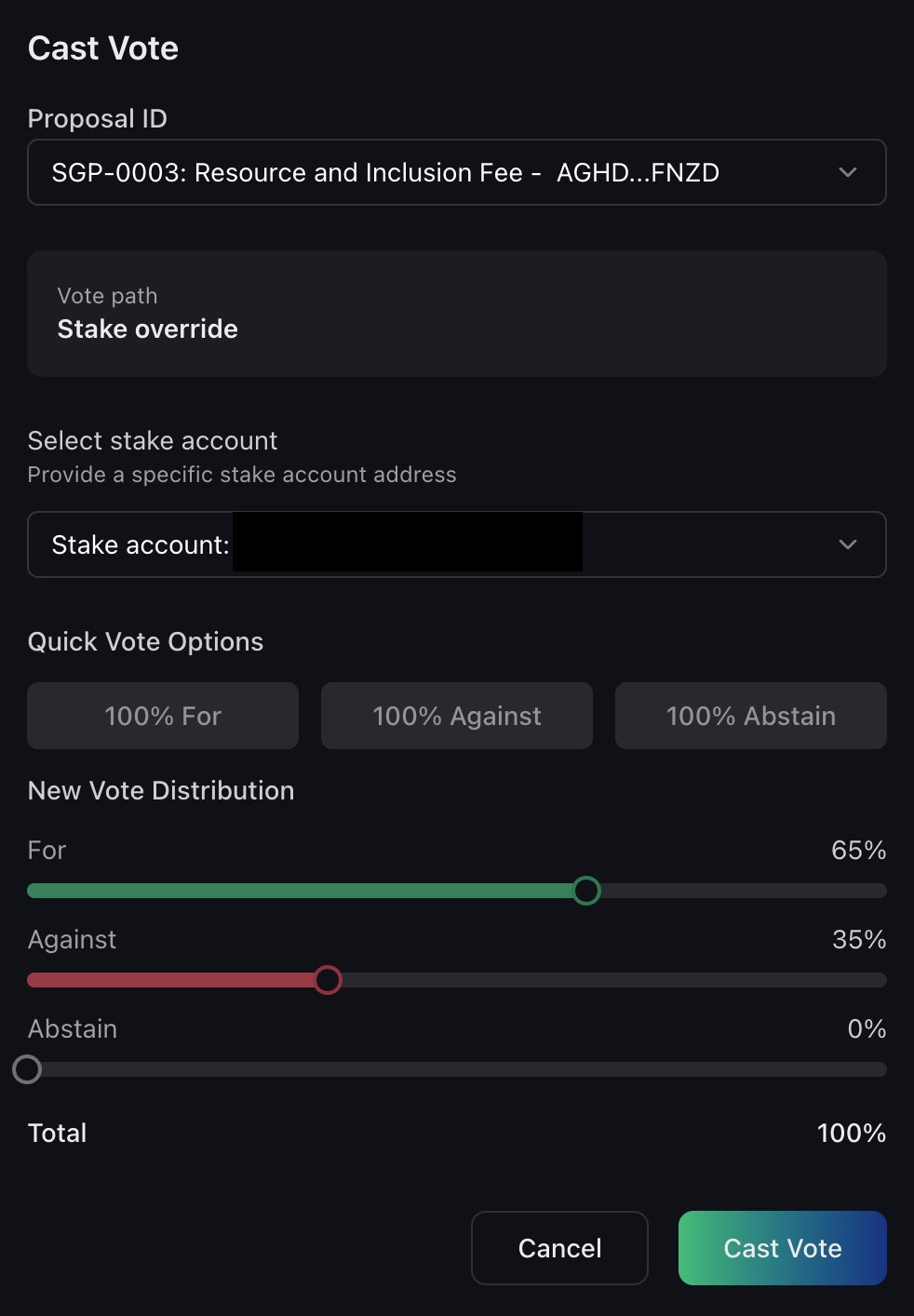Select the proposal and stake account, then use the sliders to distribute your vote between For, Against, and Abstain.
